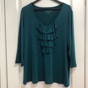 Susan Graver 1X Butterknit Teal Ruffle V Neck Top Workwear Business Casual Plus